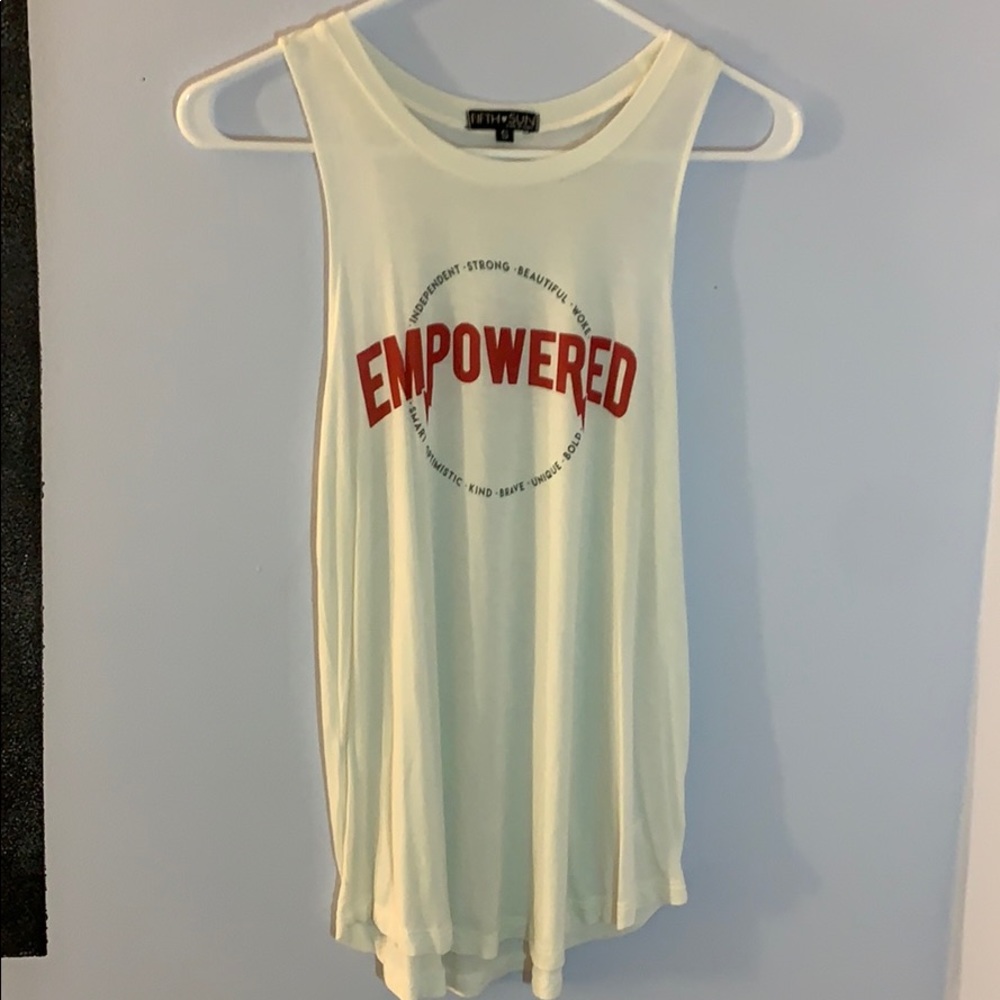 Thin white tank top with words on front